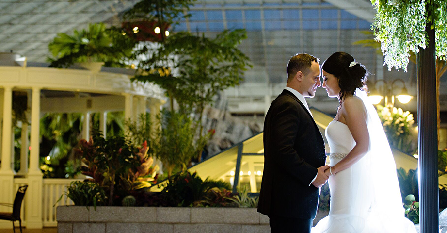 Wedding Couple Holding Hands In The Glass Ceiling Atrium